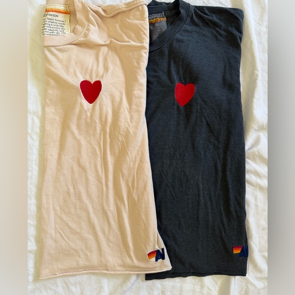 Aviator Nation L Heart Embroidered T-Shirts Set of 2 cotton Cropped Boxy raw hem - Picture 2 of 16